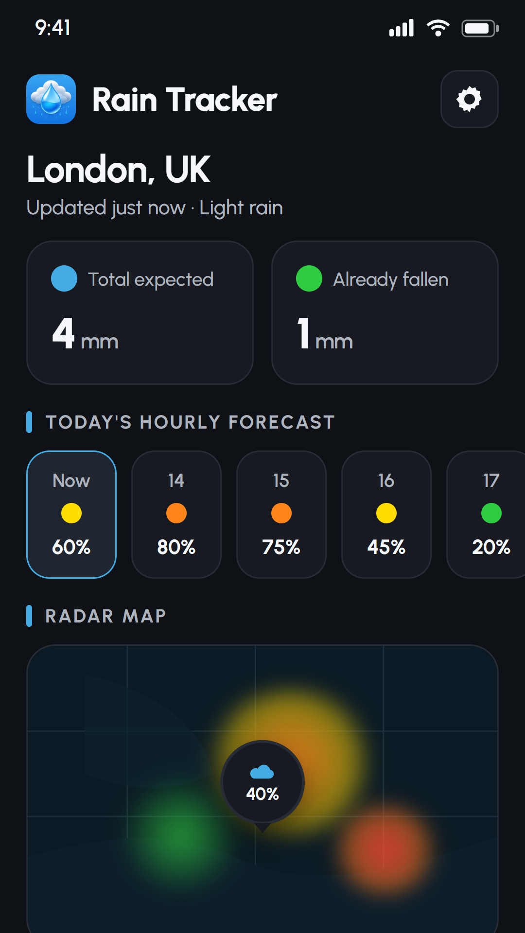 Rain Tracker home screen showing current conditions, an hourly rain strip, and the 7-day outlook