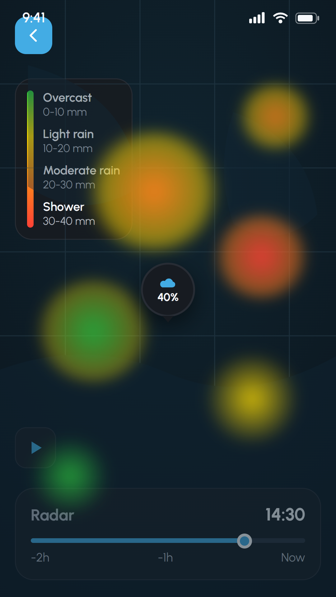 Live animated rain radar map showing precipitation with a play and pause timeline